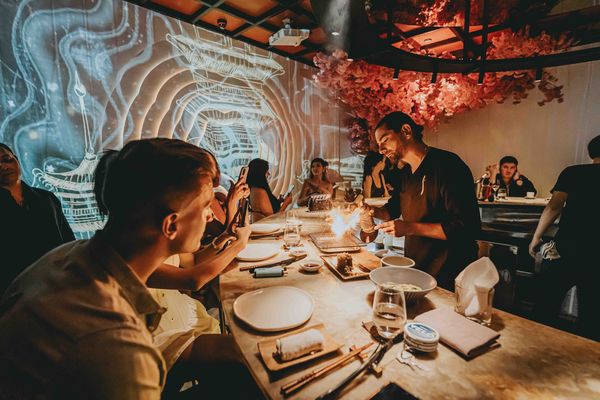 Guests at the onyx counter, a projected pattern moving across the wall behind them